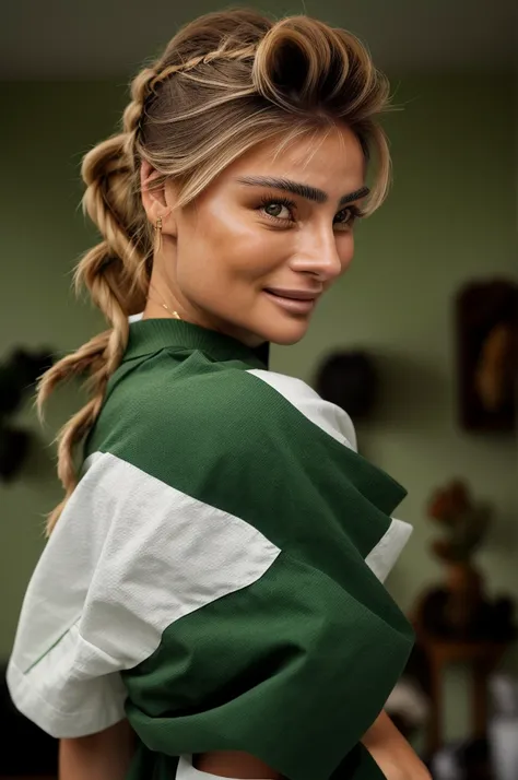 hyperrealistic rendition, ultra detailed, realistic, high definition, photo of AnnaVonKlinski with dirty blonde highlights, focus on eyes, close up on face, huge smile, hunter green color hair styled as lace braid, direct flash photography