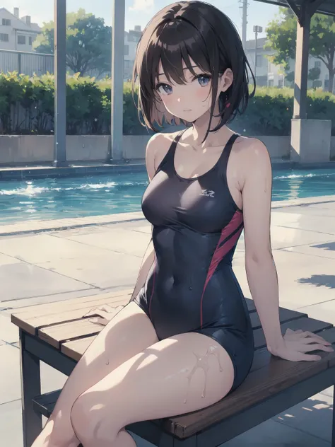 ultra-Top-quality by art God, ultra-detailed, high resolution, shinkai makoto style, anime moe artstyle, best anime 8k konachan wallpaper, pixiv contest winner, perfect anatomy, break,(Please draw a picture of a girl in a swimsuit sitting sleepily on a ben...