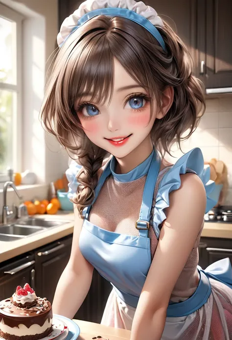 beautiful cute girl, colorful kitchen, extremely intricate cute mesh-top apron outfit, no sleeve, middle breasts, baking a cake, sneaking a taste, chocolate on her lips, happy smiling face, (highest quality,16k,highres,masterpiece:1.2),ultra-detailed,(ultr...