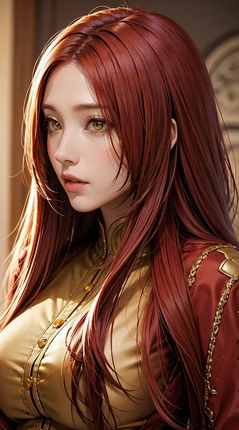 Tall beautiful woman with red hair and yellow eyes、Extremely realistic and detailed suit costume