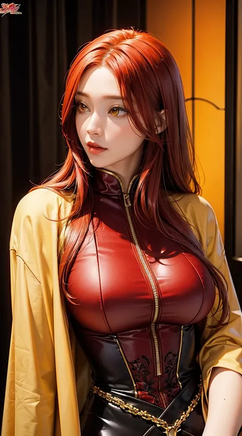 Tall beautiful woman with red hair and yellow eyes、Extremely realistic and detailed suit costume