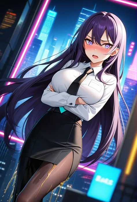 (high quality,Very detailed:1.37, High resolution), Woman, (very long hair:1.5), dark purple hair, purple eeyes, large breasts, (wetting herself:1.5), standing, business suit, necktie, (very long pencil skirt:1.5), pantyhose, (arms crossed:1.5), (embarrass...