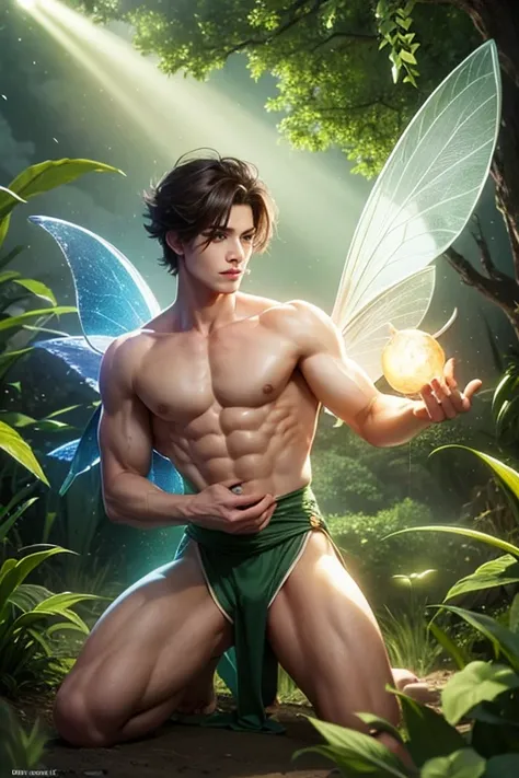 A male fairy holding a bomb with lots of light coming out of it