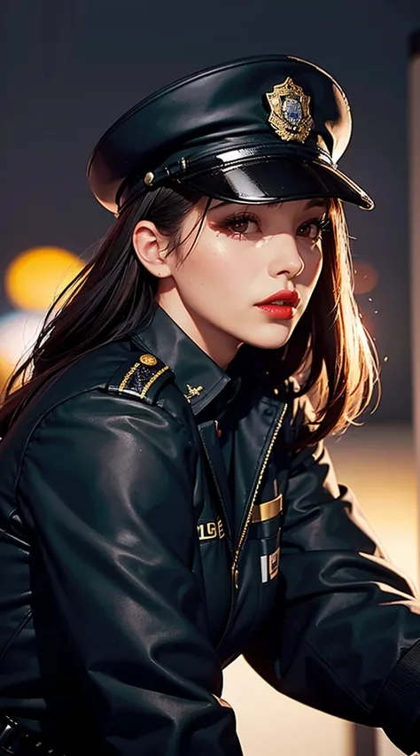 alone, (Police uniform, Female police officer), stockings, City lights, (Looking at the audience: 1.3), Release your lips, Red lips, Shiny skin, Skin dents, Highest quality, Ultra-high resolution, (realism: 1.4),  