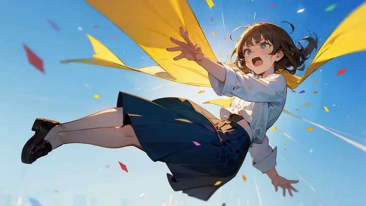 ((Highest quality)), ((masterpiece)), ((Very detailed)),Floatingする女の子,Angry expression，floating，Floating，Confetti，Brown Hair,tears,Levitating,Blue sky background,Feet in the air,tears,gravity,Long skirt,loafers,Raise both hands