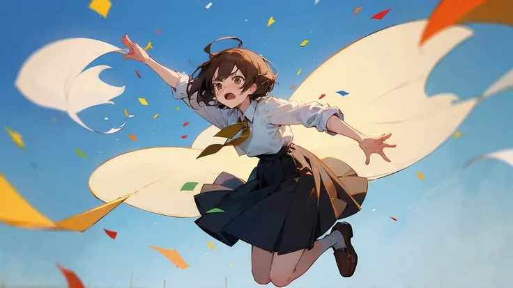 ((Highest quality)), ((masterpiece)), ((Very detailed)),Floatingする女の子,Angry expression，floating，Floating，Confetti，Brown Hair,tears,Levitating,Blue sky background,Feet in the air,tears,gravity,Long skirt,loafers,Raise both hands