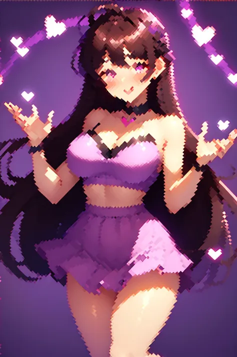 ((best quality)), ((masterpiece)), (detailed)),Cute Girl,Short Brown Hair,Purple Eyes,Heart shaped pupils,Cute smile,Red Blush,big breasts,showed under ,bare thick thighs,cute skirt,Glowing purple eyes,cute pose,hand beneath breasts,purple background,heart...