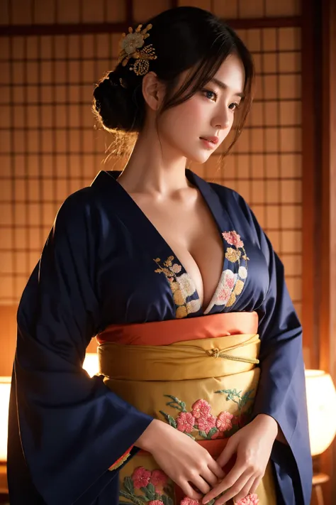 Japan、Sengoku period、Beautiful woman、Very large breasts、Very gorgeous kimono、embroidery、Dim lighting、Cinematic、Artistic composition、looking at viewer