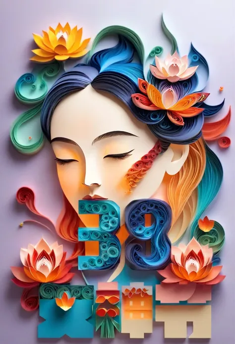 (number art, paper art,layered paper art,paper quilling,paper-cut,paper sculpture)，(girl face:1.5),mountains, tree, river，flowers，lotus， (Oriental elements, Chinese color, Advanced color matching),(3D sculpture，Render by Octane，Volumetric light), (Loss of ...