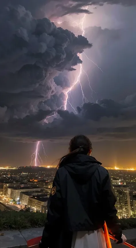 1girl on a hill watching a city on fire during a lightning storm as the reaper with his scythe descends from the skies in a char...