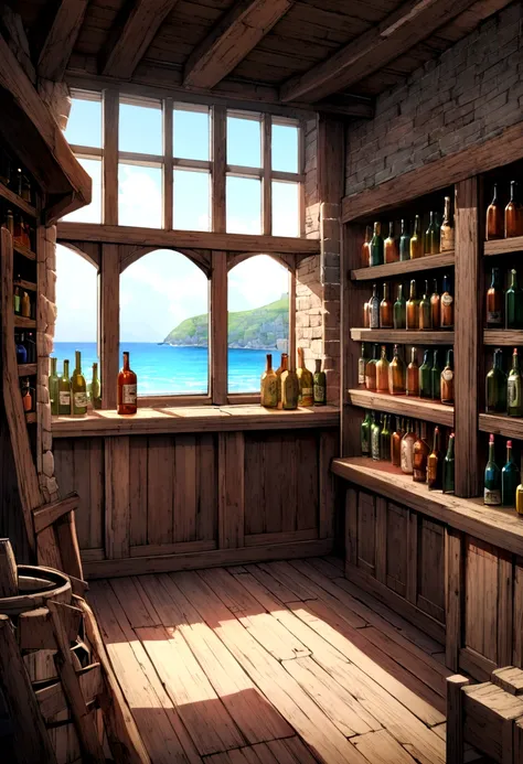 old English pub interior, rough brick walls, wooden floor, window looking out to sea, shelves with bottles