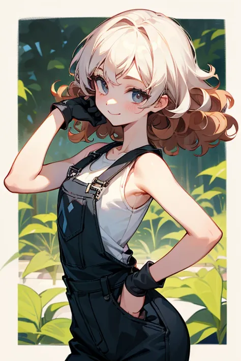 Slender beautiful girl、Smile、10th Generation、athlete、sleeveless Black T-shirt、Overalls、white sleeveless foody、Off the shoulder、Gloves in hand、Curly Hair、Garden、Short stature、