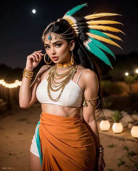 Beautiful Cherokee Indian woman with beautiful terracotta colored headdresses, blackw, doradas, cobre, Pearl, white and beige, feathers made of bright neon of various colors, flares on camera, bokeh, full moon night
