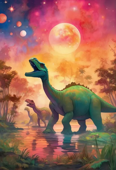 At the edge of a serene lagoon that reflects the colors of the cosmos, a family of multi-colored Parasaurolophuses grazes peacefully. The water shimmers with hues of pink, blue, and green, mirroring the vibrant patterns on the dinosaurs skin. Surrounding t...