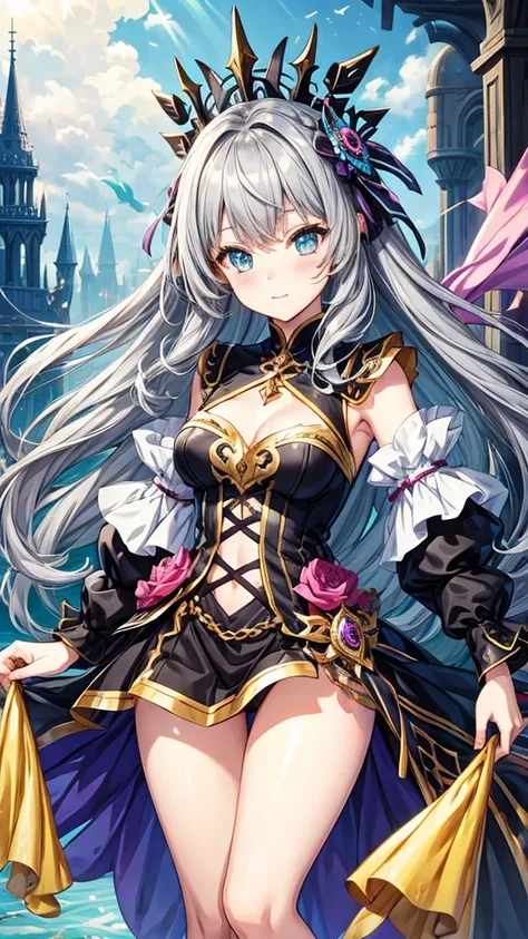 fantasy world girl with colorful hair, accessories, detailed clothes, dark gray hair