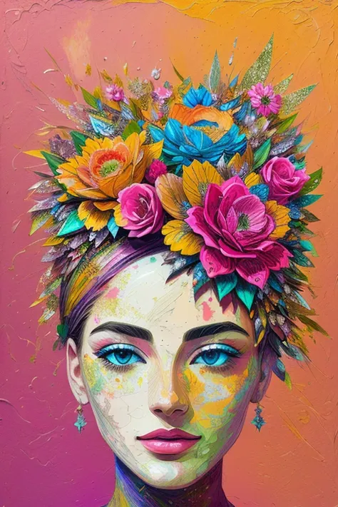 Surreal structured mix media art, embroidered image of a woman, paper maché flowers, stars impasto in background, impasto structure and texture, art by Harrison Fisher and Carne Griffiths, bright colors, vivid colors, 3D-effect, sharp focus, beautiful, hig...