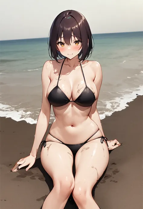 Sitting in an M shape、tideland、Covered in mud、Tiny Bikini、Thighs、Big Breasts、Butt、Dynamic Angle、Seaside、Sandy Beach、Baby Face、Embarrassed、sunlight、Both eyes open
