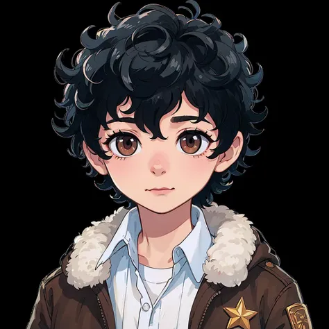 boy with black curly hair and dark eyes. with Rick Grimes&#39; outfit from season five