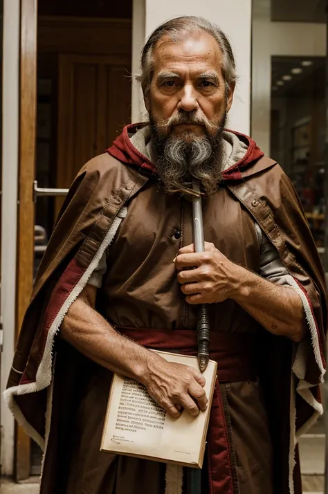 São Paulo. elderly man, brown beard, brownhair, wearing red and white cloak, holding a book and a sword.