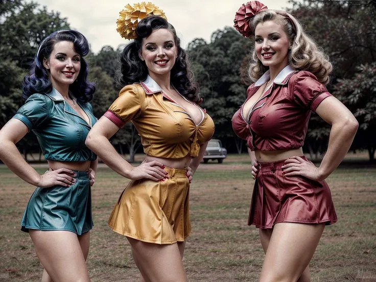 Vintage-style sexy cheerleaders at camp, in pin-up poses with retro uniforms and vibrant colors, big breasts, masterpiece, high quality, crazy details, 8k uhd wallpaper 