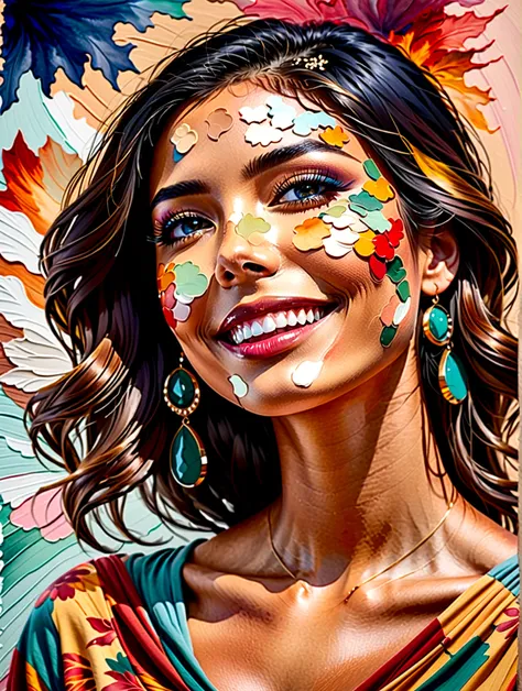 side view of young woman smiling cheerfully, happy, fulfilled.,watercolor,abstract art,greatly exaggerated