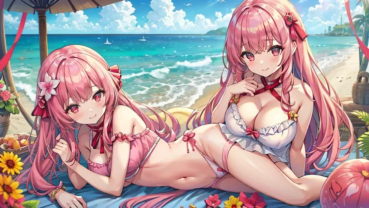 Masterpiece、Highest quality、Super detailed、1 girl、Pink Hair、(Big Tits)、Fluffy and soft long hair、Red-pink eyes、hide the chest with a shell、Ocean、Cleavage、(The underboob is visible)、Belly button、Ruffles and ribbons、smile、Too big breasts