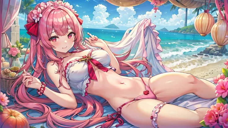 Masterpiece、Highest quality、Super detailed、1 girl、Pink Hair、(Big Tits)、Fluffy and soft long hair、Red-pink eyes、hide the chest with a shell、Ocean、Cleavage、(The underboob is visible)、Belly button、Ruffles and ribbons、smile、Too big breasts