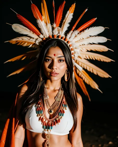 Beautiful Cherokee Indian woman with beautiful terracotta colored headdresses, blackw, doradas, cobre, Pearl, white and beige, feathers made of bright neon of various colors, flares on camera, bokeh, full moon night
