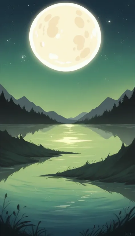 A tranquil night view on the quiet lakeside, The soft glow of the moonlight is reflected on the still water. The sky is clear, Revealing a multitude of stars. The lake is surrounded by dense, Dark green tree々, Sway gently in the breeze. the full moon shine...