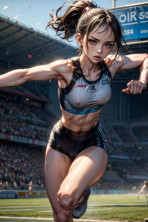 Photo of a 20 year old woman, Perfect Face, masterpiece, good, Sports bra,Racing Bloomers、good,  Run at full speed、Sweat flying、Serious face、Run towards the viewer、Track and Field、Nipple swelling、Extreme Perspective