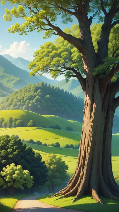 Book cover:
Central Image:
Two intertwined trees with strong roots and lush green leaves.
Background:
A calming and serene landscape with rolling hills and a clear blue sky.
Style:
Digital art with a touch of realism.
