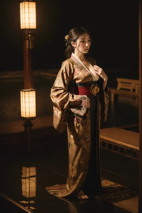 a beautiful japanese woman wearing an ornate kimono with intricate embroidery, extremely large breasts, dark lighting, cinematic, artistic composition, looking at viewer, masterpiece, ultra-detailed, 8k, photorealistic, chiaroscuro lighting, elegant, refin...