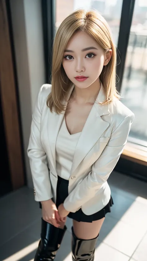 (8k, RAW photo, photorealistic:1.25) ,( lipgloss, eyelashes, gloss-face, glossy skin, best quality, ultra highres, depth of field, chromatic aberration, caustics, Broad lighting, natural shading, knee boots,short skirt,blazer suit,blonde hari) standing ,wh...