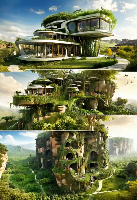 A breathtaking 3D render of an extraordinary architectural masterpiece, carved seamlessly into a colossal rock formation. The structure boasts impressive organic curves, adorned with lush greenery, including thriving plants and trees that grow both on its ...