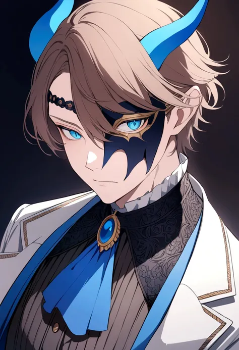 (man with half mask)(blue)(blue eyes)(brown hair)(has blue horns)