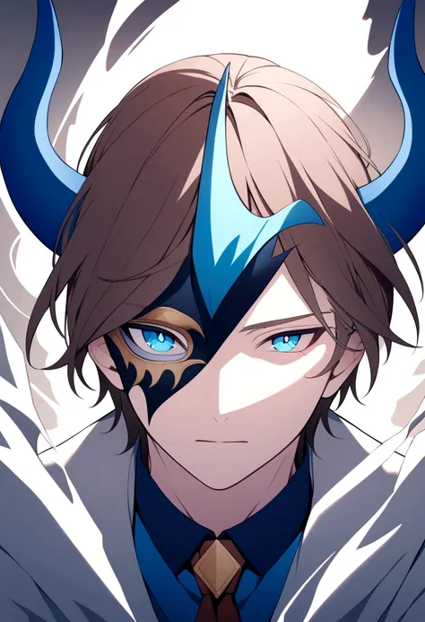 (man with half mask)(blue)(blue eyes)(brown hair)(has blue horns)