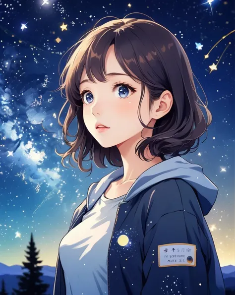 anime style 1girl, design an image showcasing the allure of a starry night sky, with a myriad of twinkling stars, constellations...