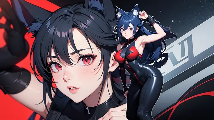 ２D Anime character key visual。Full body photography、Side High Angle。Main colorBlack、Sub-color: Red、Touch color blue。Gray Hair、Short updo hairstyle。Wolf ears。Spy suit to seduce men。Big breasts girl body。blush、Looking up。A pose to seduce a man。