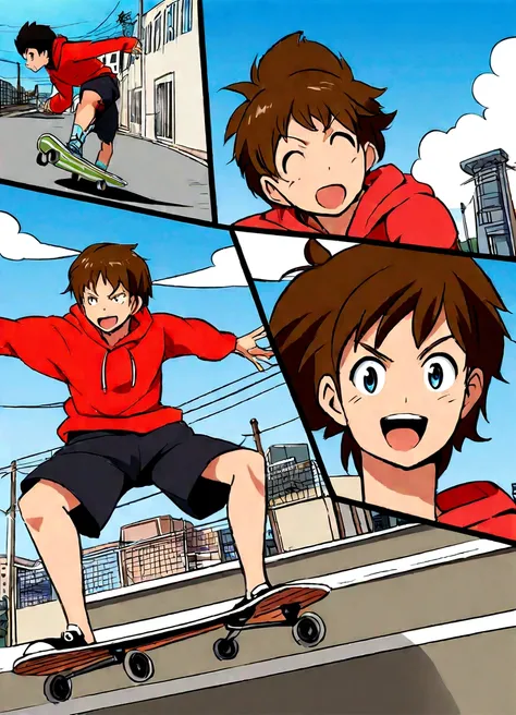 Illustrate a dynamic scene of a boy skateboarding in mid-air, anime-style. The boy should have a big smile, brown hair, and be dressed in a red hoodie and black shorts, capturing the same energy and pose as the girl in the reference image. The backdrop sho...