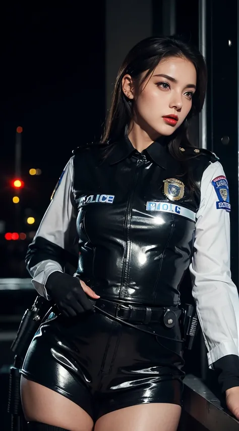 alone, (Police uniform, Female police officer), stockings, City lights, (Looking at the audience: 1.3), Release your lips, Red lips, Shiny skin, Skin dents, Highest quality, Ultra-high resolution, (realism: 1.4),  