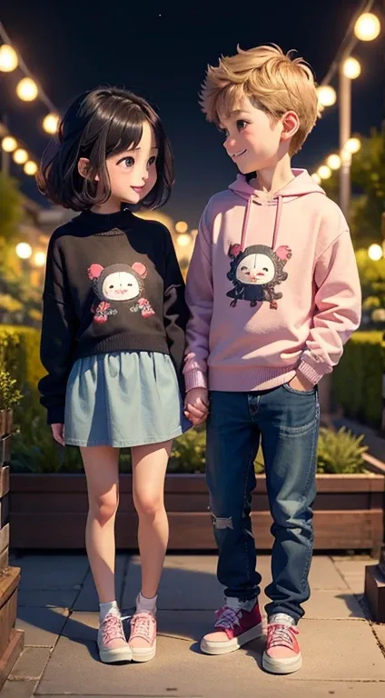 ​masterpiece、top-quality、ultra-detailliert、(cute chibi character couple:1.2)、a boy and a girl、boy took girls hand、Matching knitwear and matching jeans、stare at each other、Smiling and looking at each other、Full-body standing figure、The background is a garde...