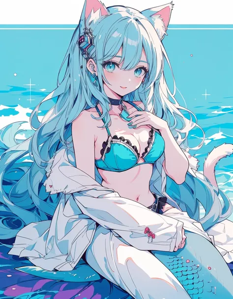 cyber punk, Undine and mermaid, bikini, smile, fullbody, ((masterpiece, best quality:1.5)), ((Beautiful detailed cat aqua eyes:1.2)), cat ears, pale skin, medium breasts, beautiful hands, beautiful fingers, EasyNegative