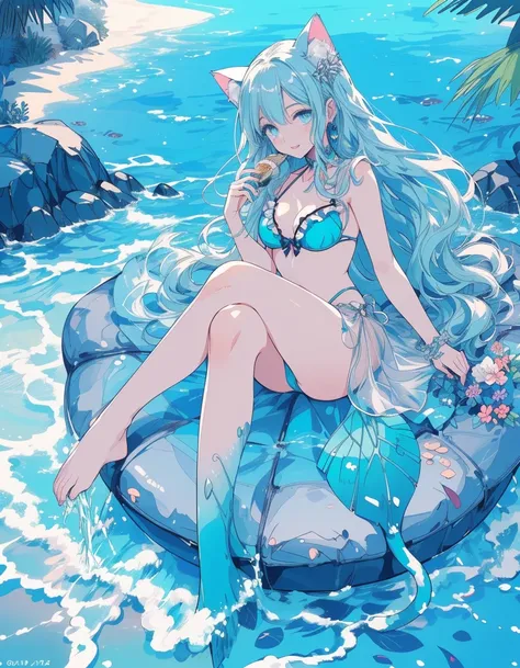 cyber punk, Undine and mermaid, bikini, smile, fullbody, ((masterpiece, best quality:1.5)), ((Beautiful detailed cat aqua eyes:1.2)), cat ears, pale skin, medium breasts, beautiful hands, beautiful fingers, EasyNegative