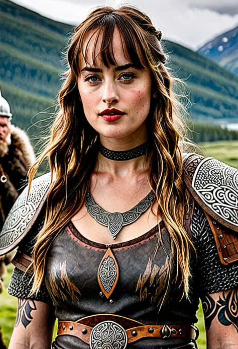 Dakota Johnson as a beautiful Viking warrior with lots of facial tattoos , she has an ax 