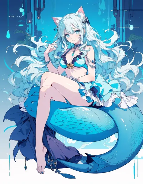 cyber punk, Undine and mermaid, bikini, smile, fullbody, ((masterpiece, best quality:1.5)), ((Beautiful detailed cat aqua eyes:1.2)), cat ears, pale skin, medium breasts, beautiful hands, beautiful fingers, EasyNegative