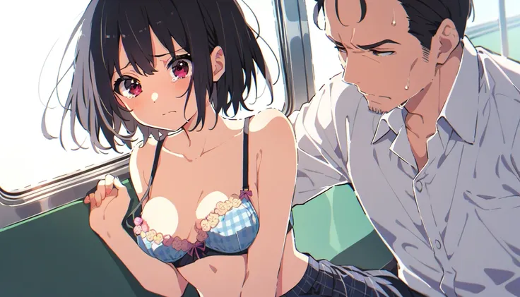 A middle-aged man is grabbing the breasts of a girl with a floral bra, no underwear, a blue checked skirt, erect nipples, short black hair, small breasts, and light pubic hair, who is crying in disgust on a train.