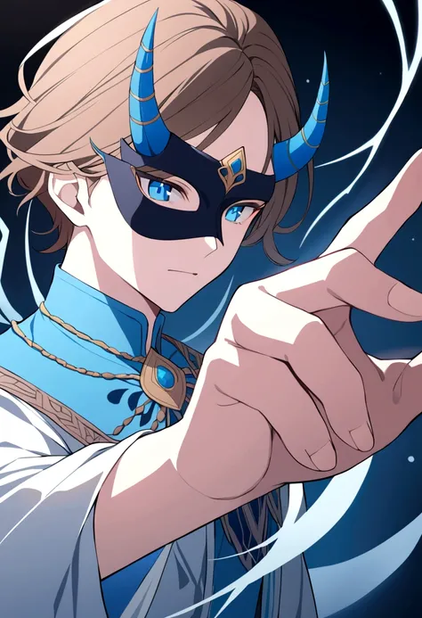 (man in half mask)(blue color)(blue eyes) brown hair)(blue horns)