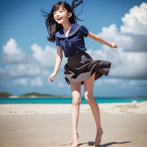 1girl,(((Okinawa ocean)))、(((White sand beaches in Okinawa)))、(((Just join your hands and pray)))、(((Mysterious look)))、8k UHD、Digital single-lens reflex camera、High resolution、Shallow depth of field、Natural light、(((Sailor suit)))、へそ出しルック、(((navy blue sup...