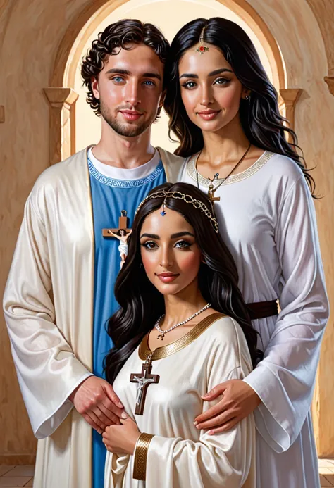 Create a couple made up of a woman with dark hair, light skin, blue eyes and Arabic features wearing novice clothes with a crucifix around her neck, and a white man with short wavy dark hair, light skin, brown eyes and white clothes in front to each other ...