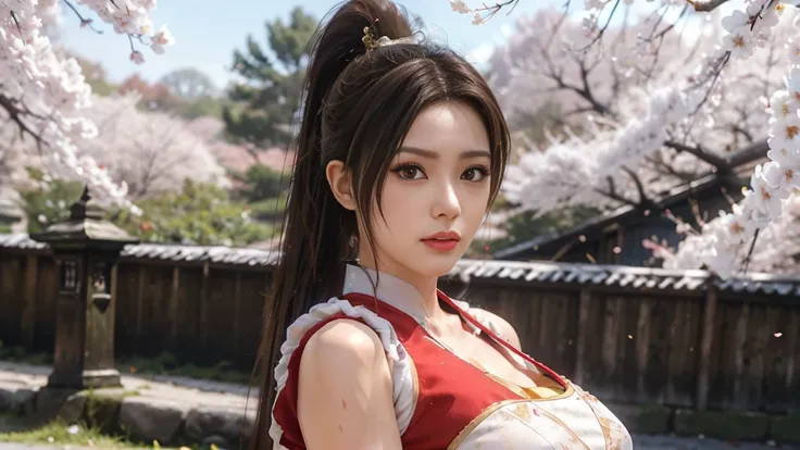 Mai Shiranui, brown eyes, Japanese beauty，微Lollong hair, brown hair, (red clothes:1.3)，super huge breasts， sleeveless, ponytail, pelvic curtain, Arm guards, Gloves, Gold，full ， seductive expression, sexy eyes, huge breasts, 微Lol, charming, view viewer, lon...